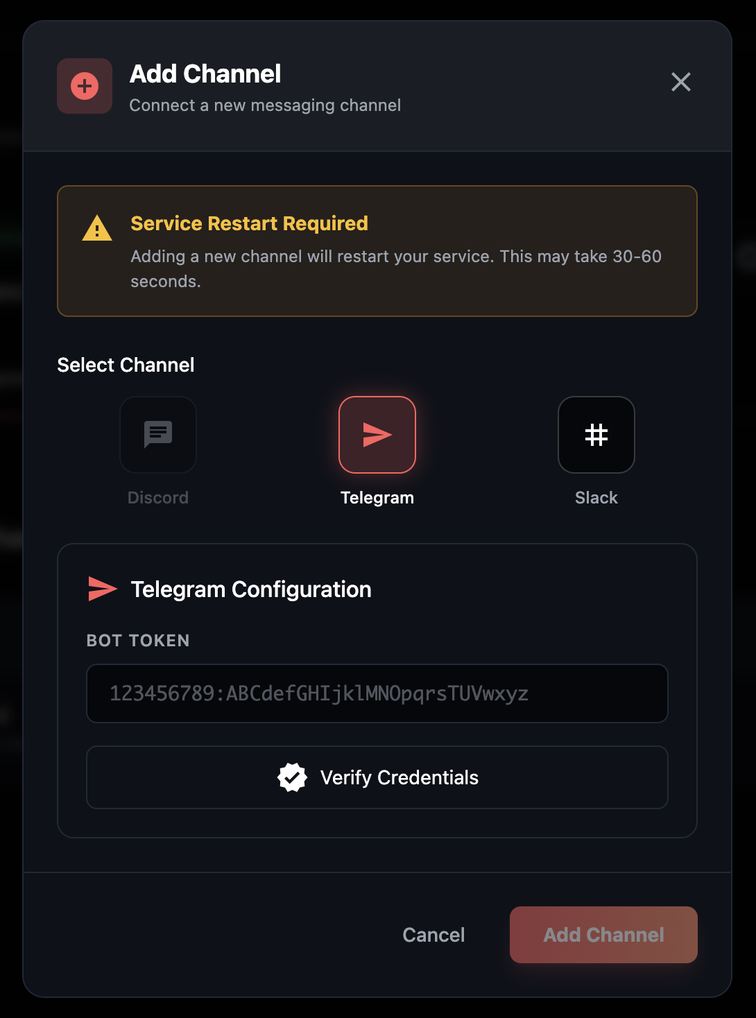 Add channel modal with channel selection