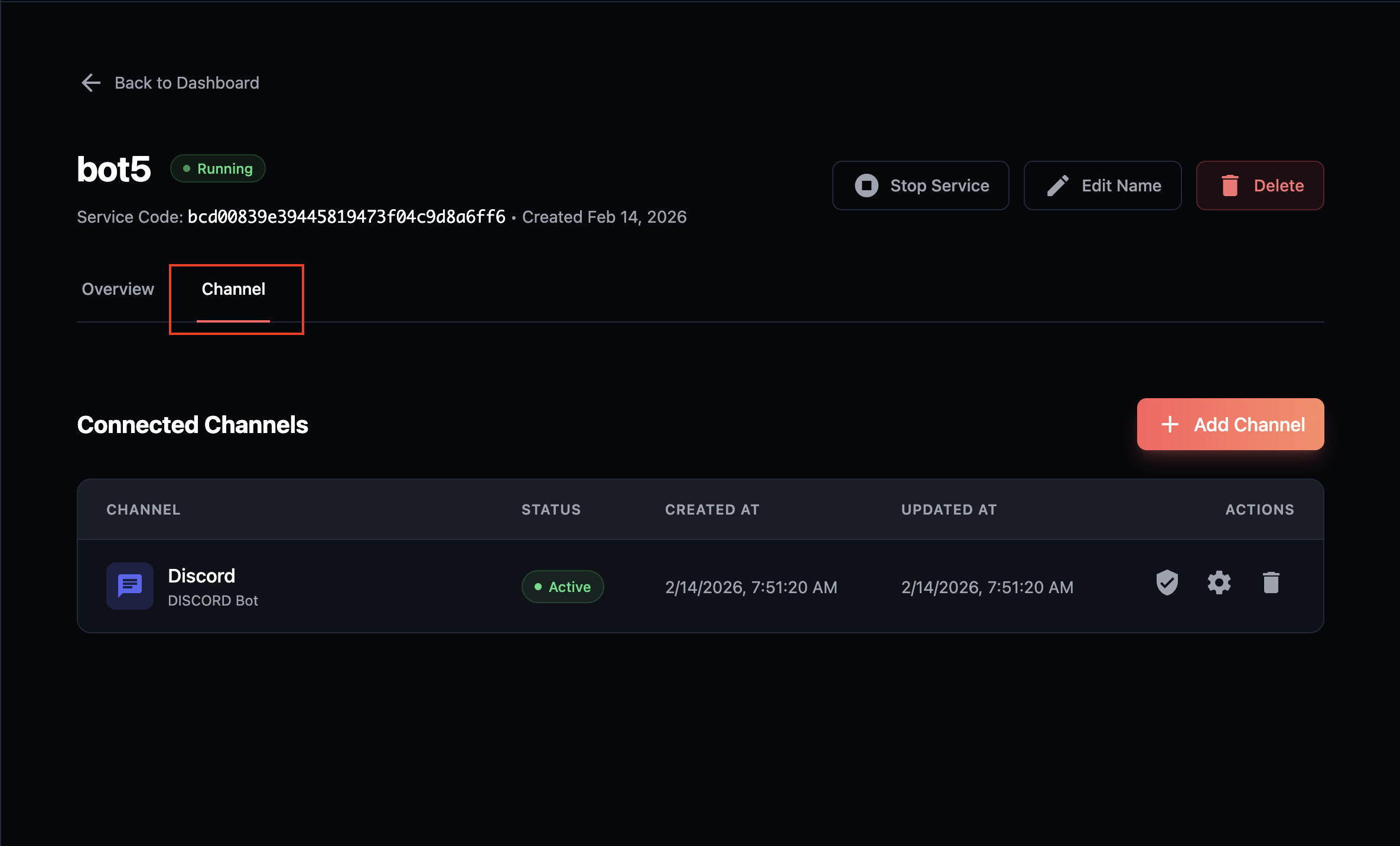 Channel tab showing connected channels