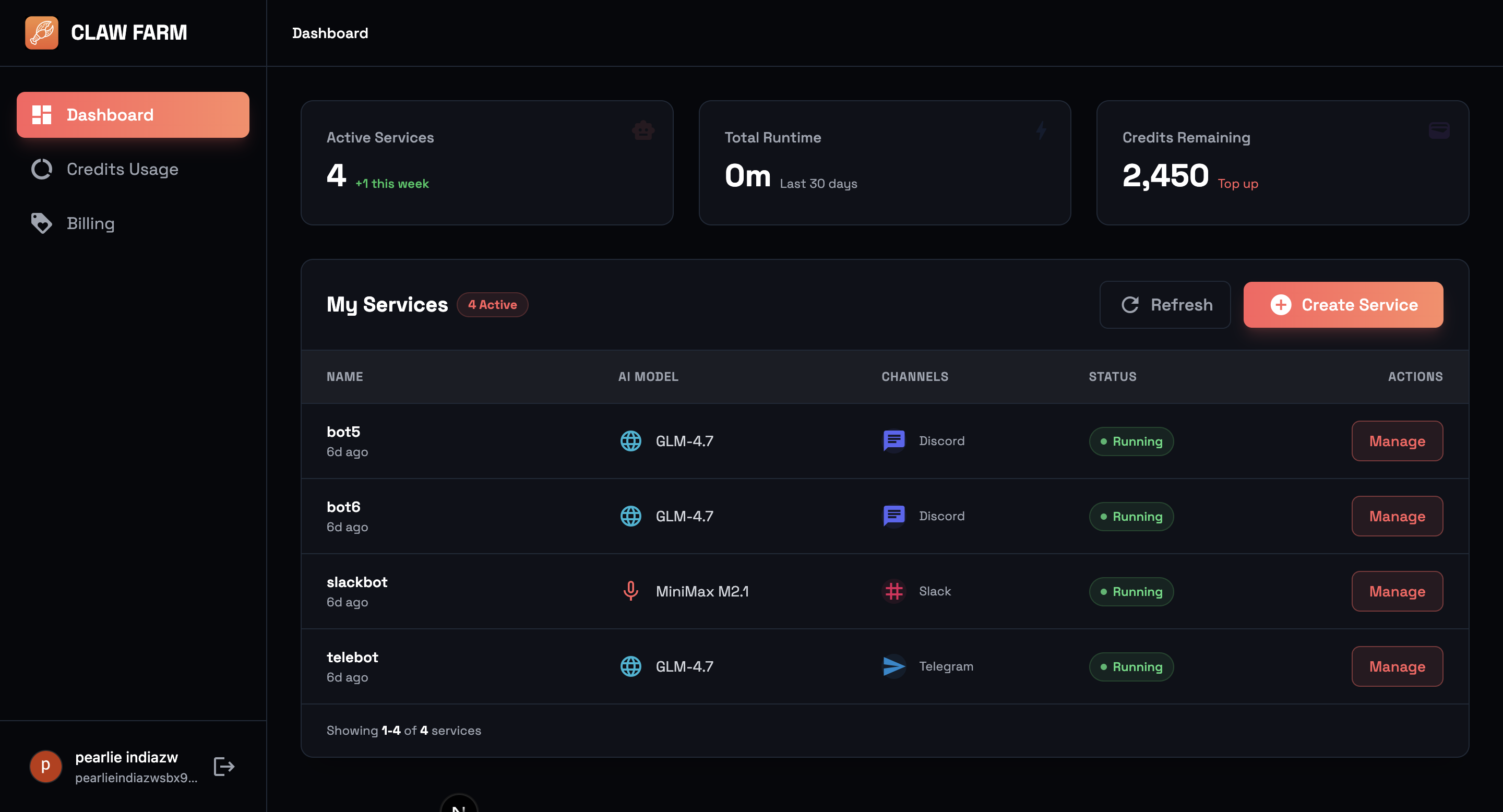 Dashboard showing list of deployed bots