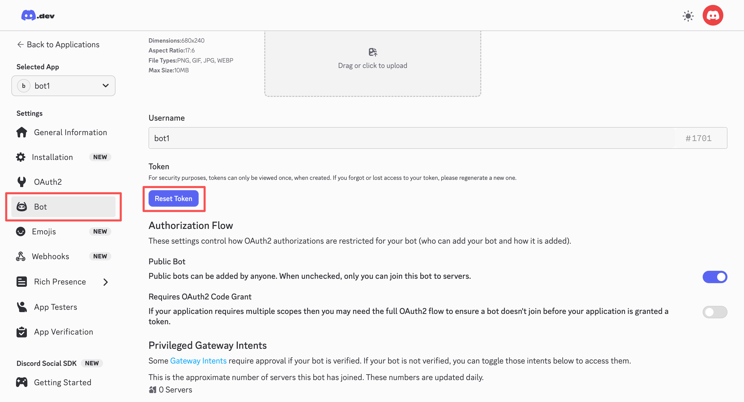Discord Developer Portal showing bot token section