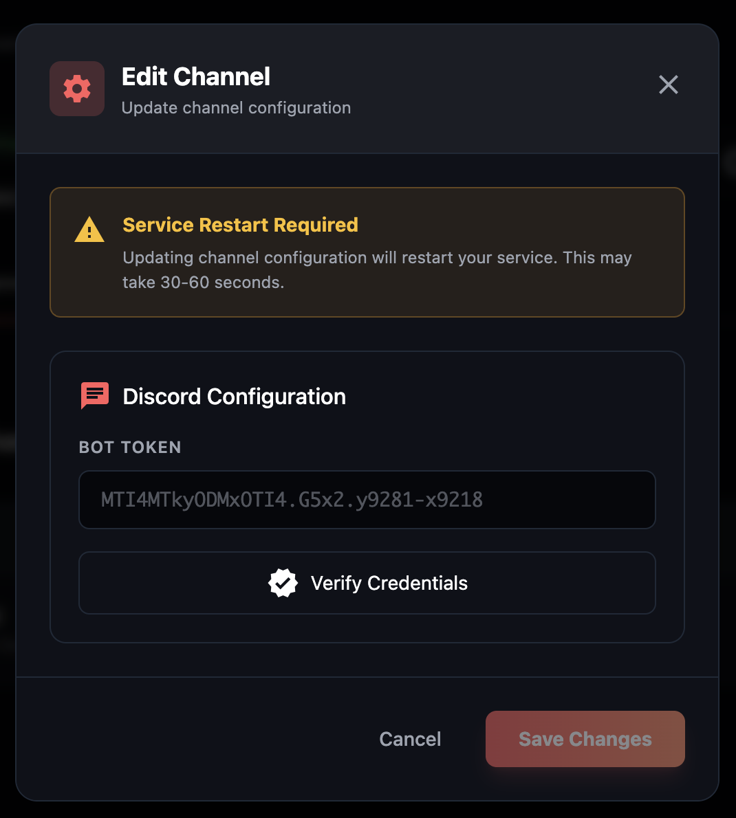 Edit channel configuration modal