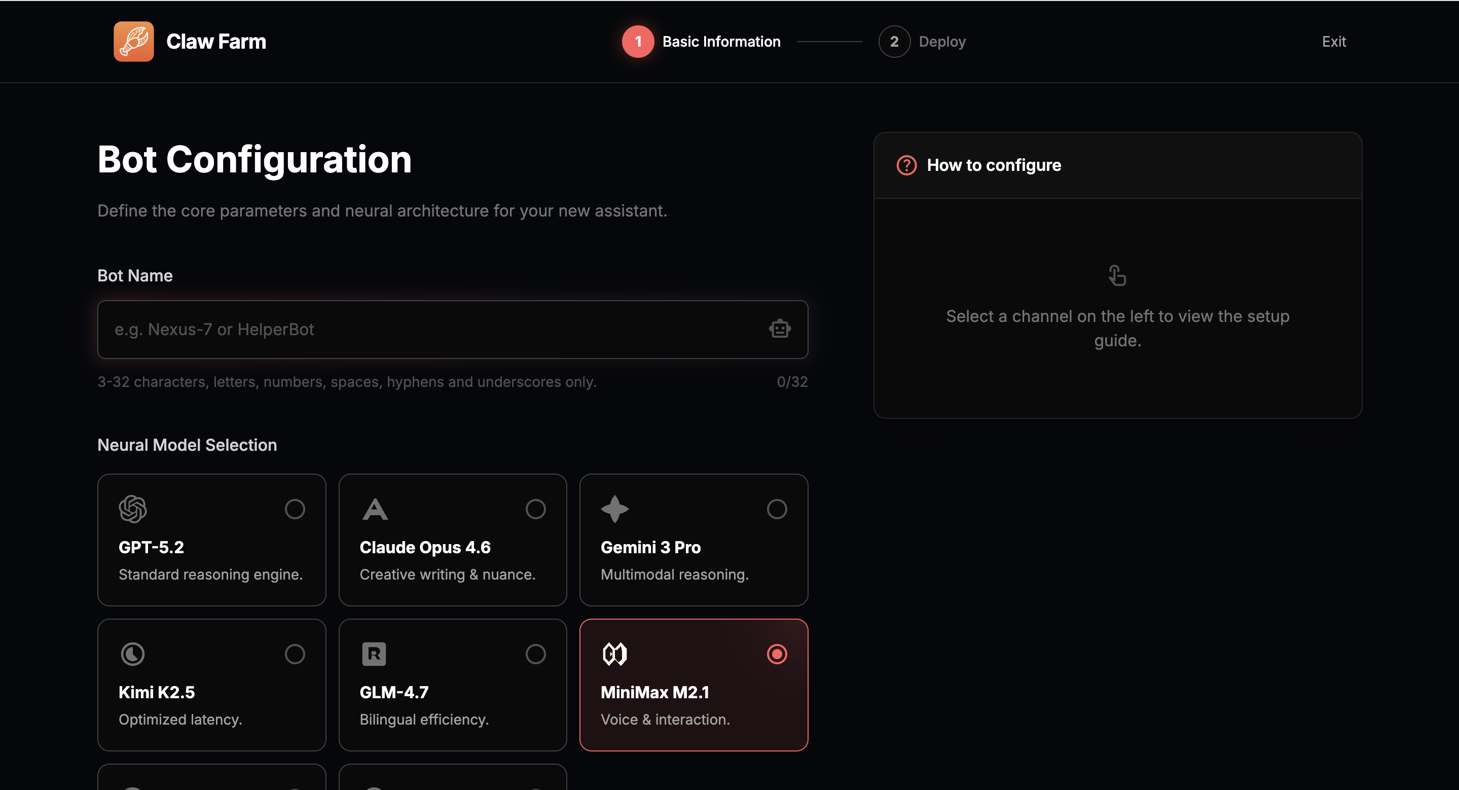 Onboarding page showing bot configuration form
