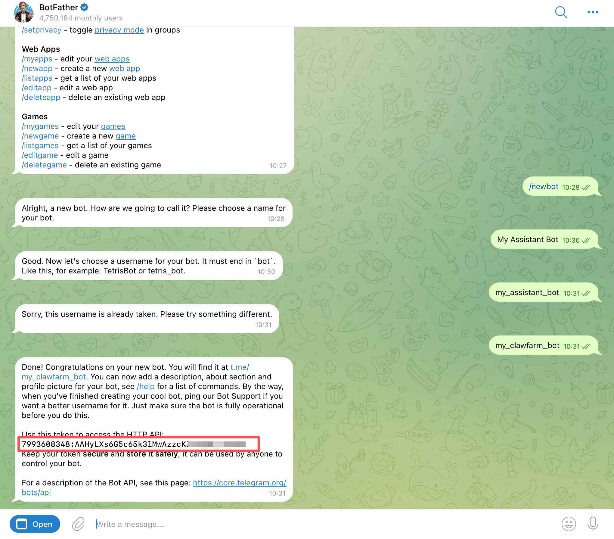 BotFather conversation showing how to get Telegram bot token